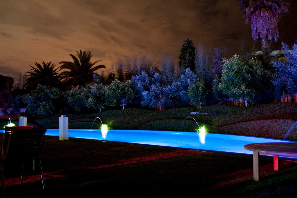 swimming pool, hillside landscape, LED lights swimming pool, hillside landscape, LED lights